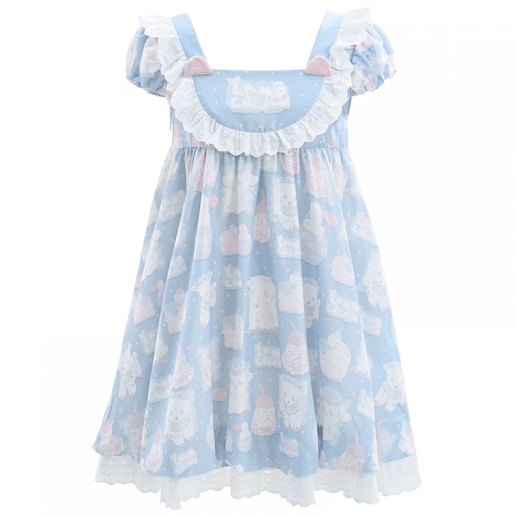 Adorable Lamb Print Sweet Lolita Dress Blue Square Neck Puff Sleeve
