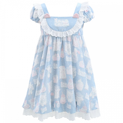 Adorable Lamb Print Sweet Lolita Dress Blue Square Neck Puff Sleeve