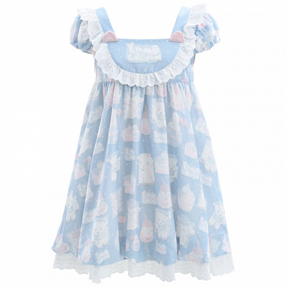 Lolita Dress Blue Square Neck Puff Sleeve Adorable Lamb Print Sweet
