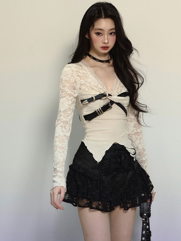 Apricot Buckle Straps V-neck Lace Knit Long Sleeves Top