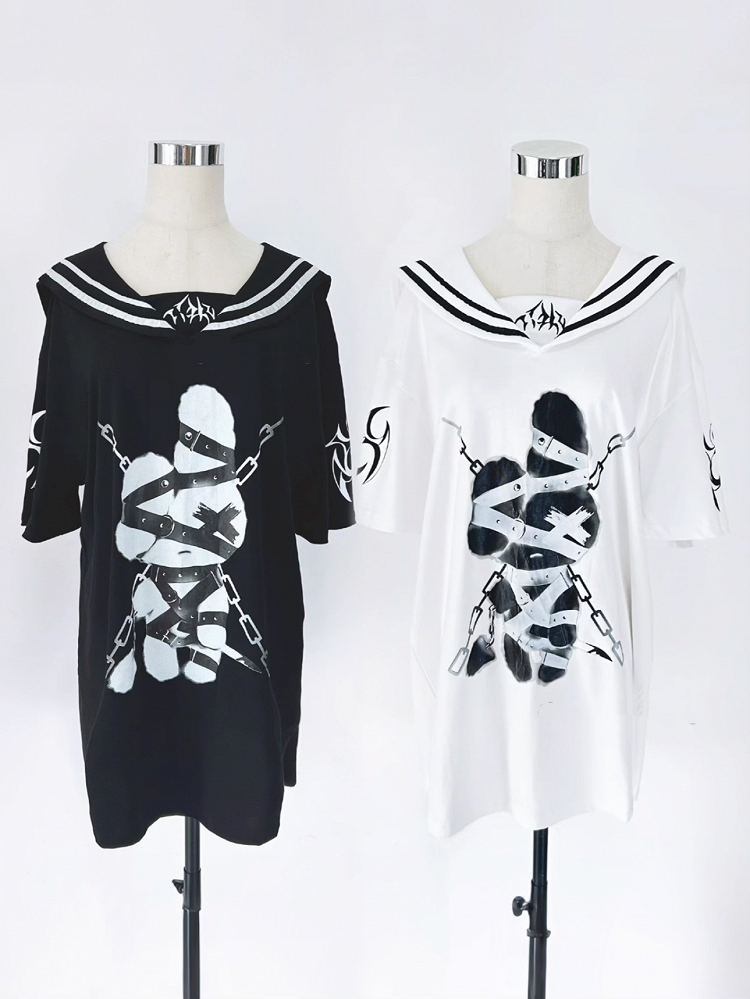Panel Cotton Detachable White Chest Collar Embroidered Gothic Restraint Bunny Print T-shirt Sailor with