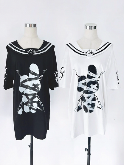 Panel Cotton Detachable White Chest Collar Embroidered Gothic Restraint Bunny Print T-shirt Sailor with