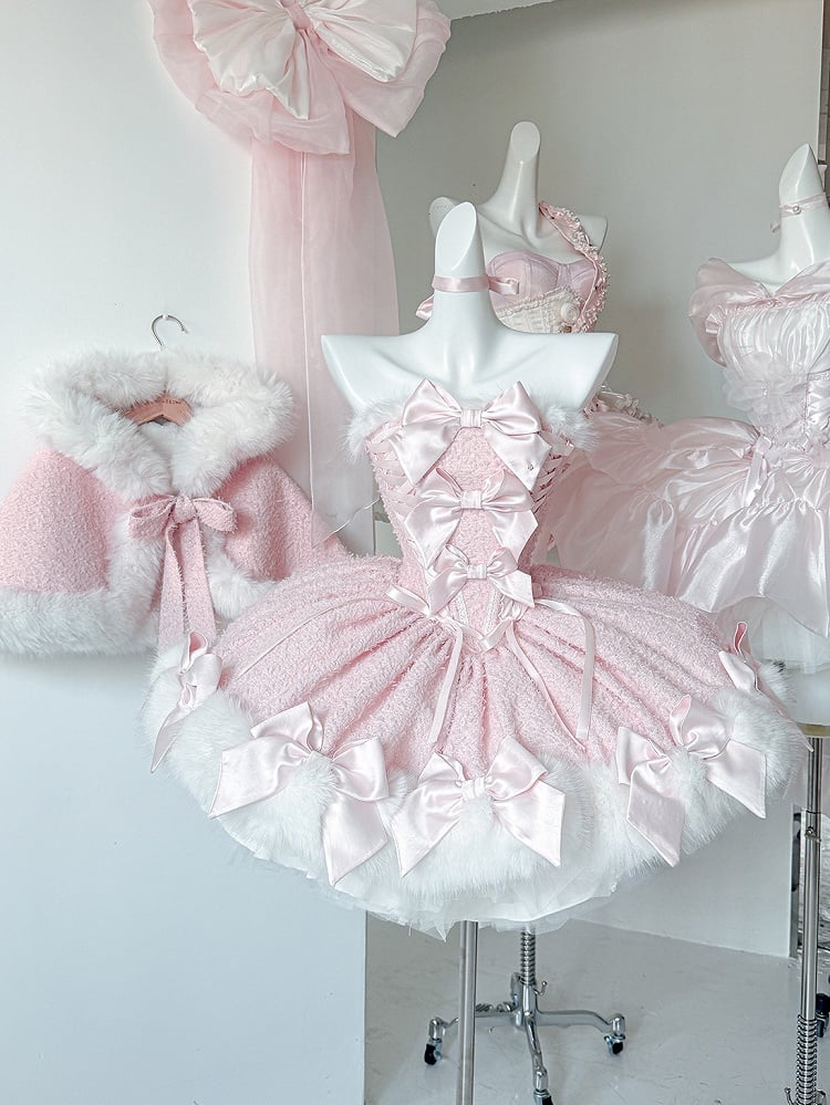 V-Day Pink Bows Plush Neckline and Hemline Boning Dress + Cape Full Set