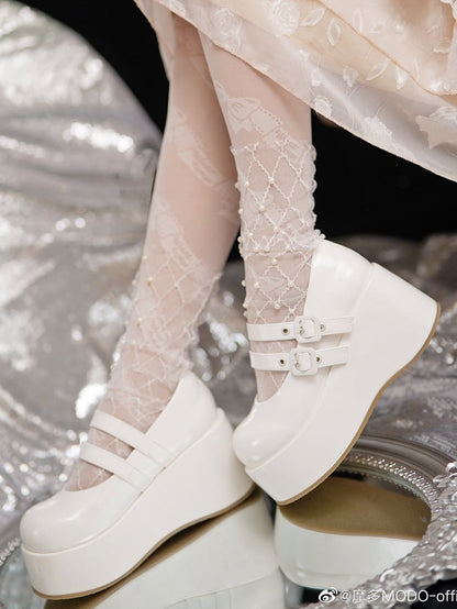 Sweet Straps White Platforms Buckle PU Lolita Dual with