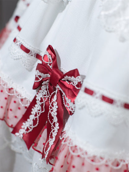 White and Wine Red Lace-up Bow Accents Lace Trim Sweet Princess Dress Lolita Jumper Skirt