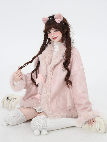 Pink Bowknot Detail Faux Fur Trim Thick Coat