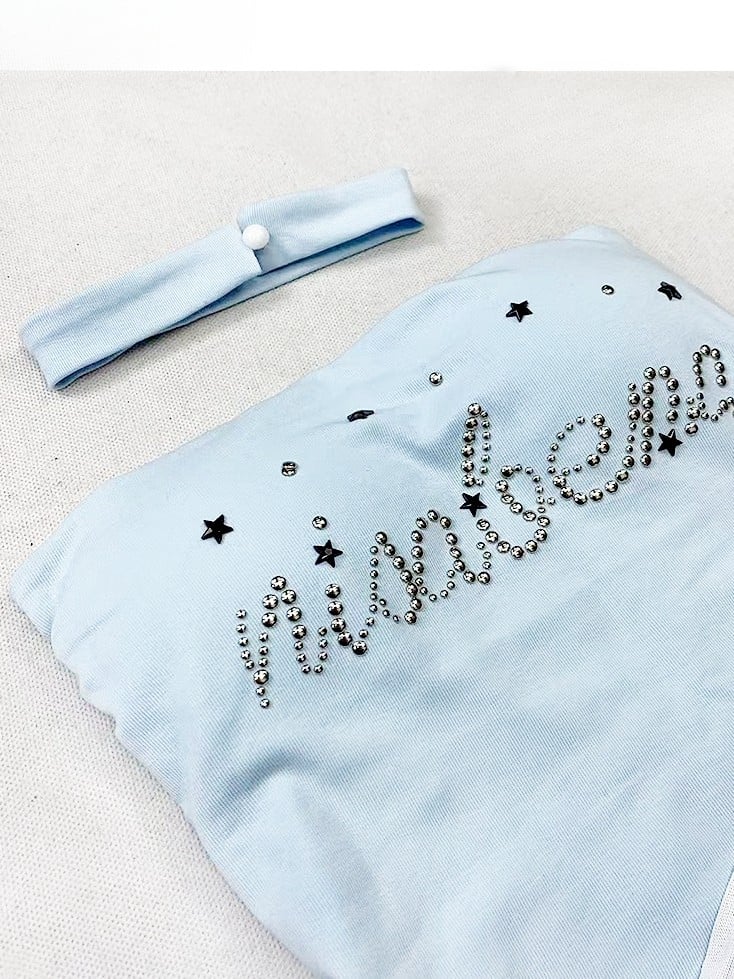 Top Hem Tube Rhinestone Decorated Letter Glamorous Y2K Blue Asymmetrical