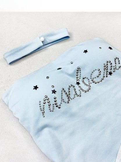 Top Hem Tube Rhinestone Decorated Letter Glamorous Y2K Blue Asymmetrical