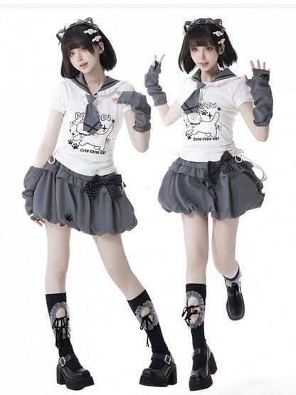 Paw Embroidery Bubble Skirt Cat Gray