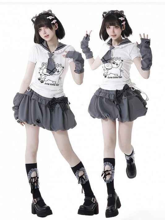Paw Embroidery Bubble Skirt Cat Gray