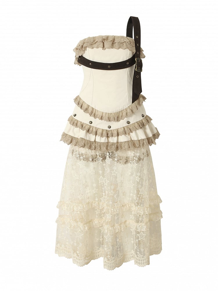 Studded Lace-trimmed Dress with Punk Straps Lace Detachable Overskirt Apricot