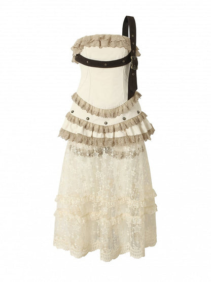 Studded Lace-trimmed Dress with Punk Straps Lace Detachable Overskirt Apricot