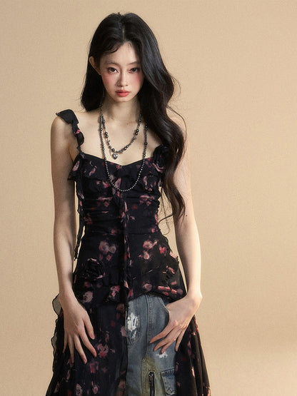 Black Sweetheart Neckline Sleeveless Top Asymmetrical Hem Chiffon Floral