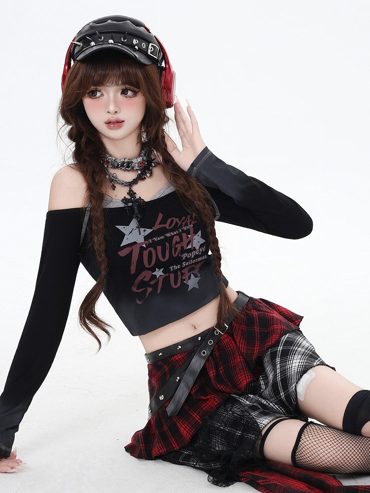 Y2K Black Letters Fake Two-piece Design Cropped Top