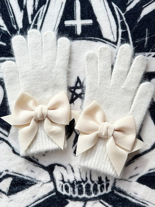 Details Gothic Bowknot Cutout White Pads Gloves at Finger