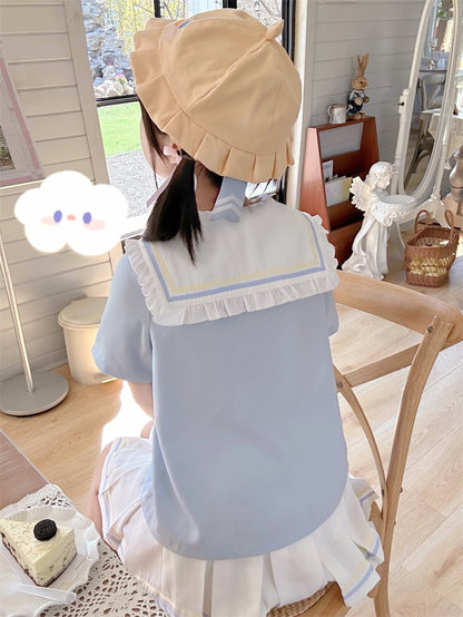 Sailor Bunny Collar Design Light Blue Cloud T-shirt Pockets and