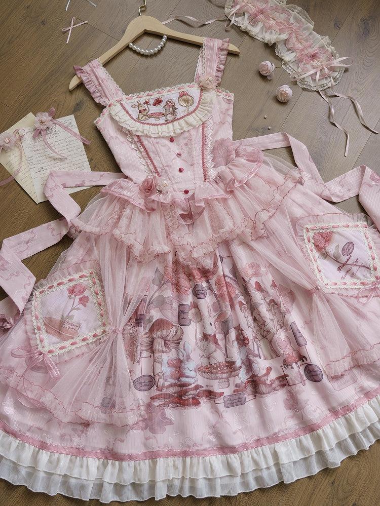Pink Bunny Basque Waist Mushroom Skirt Princess and Jumper Lolita Print