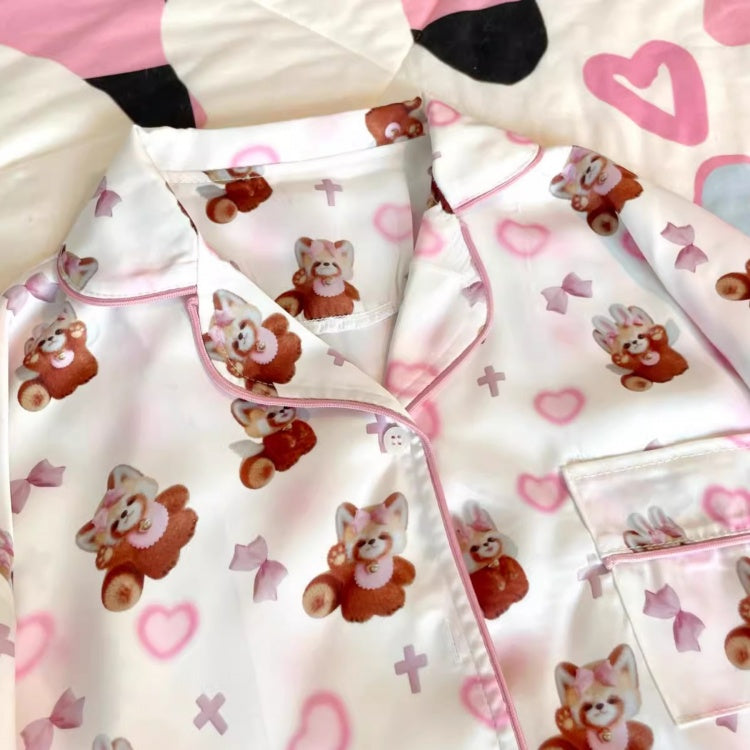 White Pink Cute Red Panda Print Pajama Set