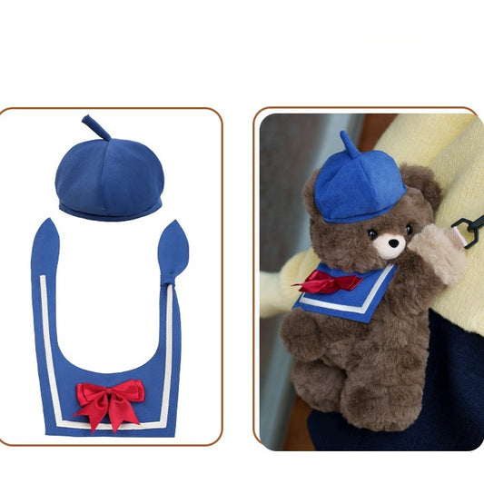 Bear Decorated Sailor Backpack/Crossbody Blue Middle/Large + Hat Plush Bowknot Collar Brown Bag Size