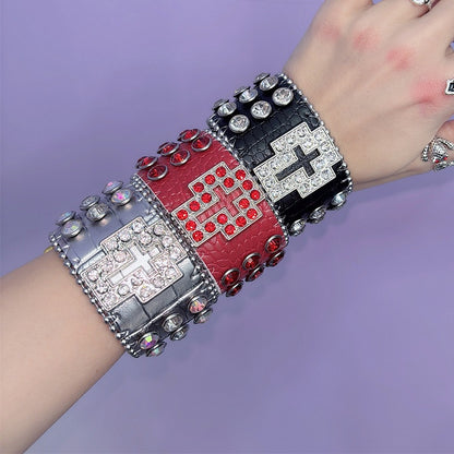 Rot/Schwarz/Silber Armband Y2K Strass Armband verziert Kreuz Design