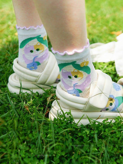 Cute Kitty Floral Print Socks Set
