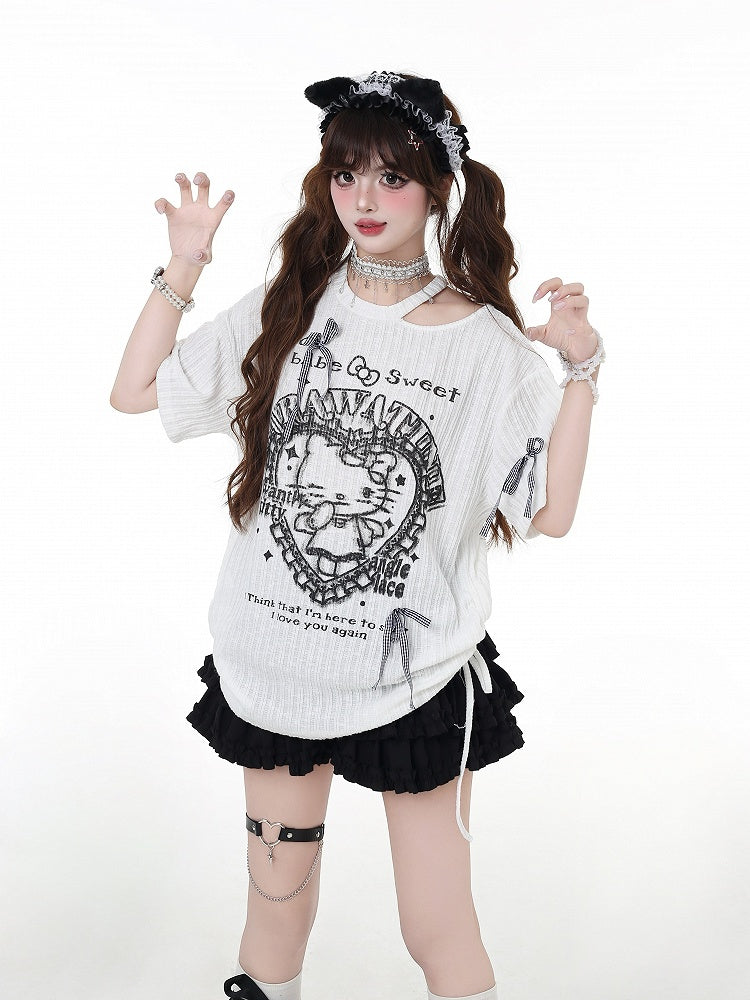 Cutout Y2K Black/White Round Waist Neck Detail T-Shirt Kitty Print Drawstring