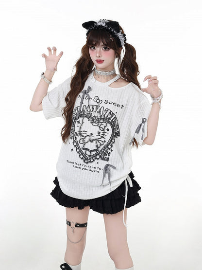 Cutout Y2K Black/White Round Waist Neck Detail T-Shirt Kitty Print Drawstring