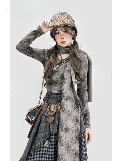 Grey Leopard V-neck Top with Scarf