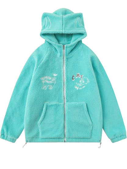 Green/Navy Blue Cute Cats Cat Ears Design Fleece Zip Hoodie