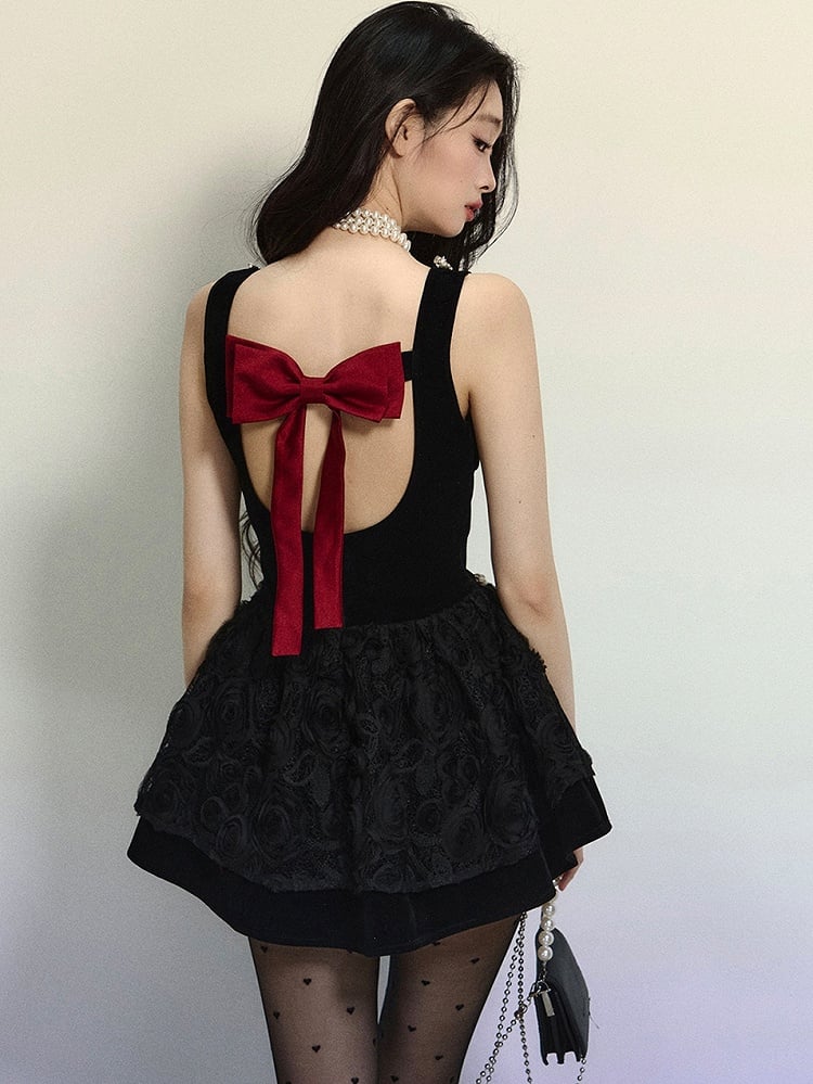 Black Backless Bow Accent Rhinestones V-neck Floral Skirt Elegant Velvet Mini Dress