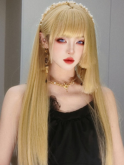 Blonde Hime Cut Long Straight Synthetic Wig with Double Claw Clips