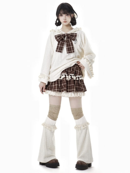 Brown Plaid Tiered Skort Ruffle Cuffs Fringe Trim