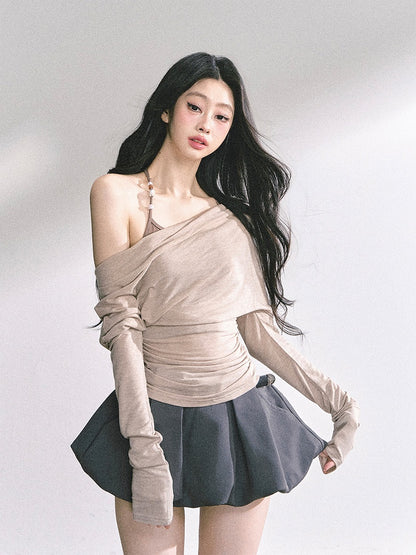 Pink/Khaki Asymmetrical Neckline Top Faux Two-pieces