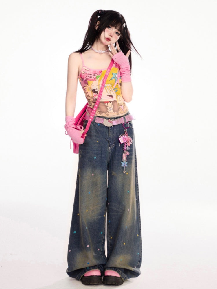 Colorful Polka-dot Pattern Dark Blue Distressed Wide-Leg Jeans