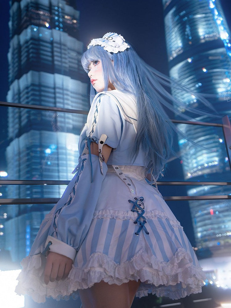 Kitty Light Bow Kaiwai Set Blue JSK Dress Cropped Tenshi Lolita Sailor Striped Big Top Pattern Ears + - Collar