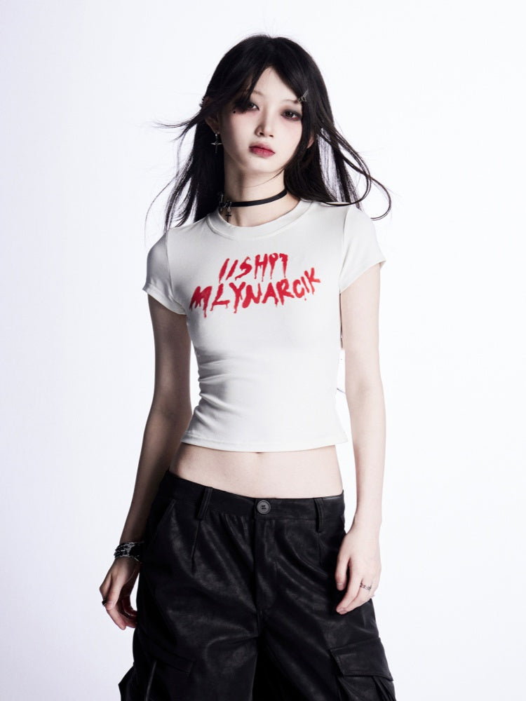 Cropped T-Shirt White Letter Print Bittersweet