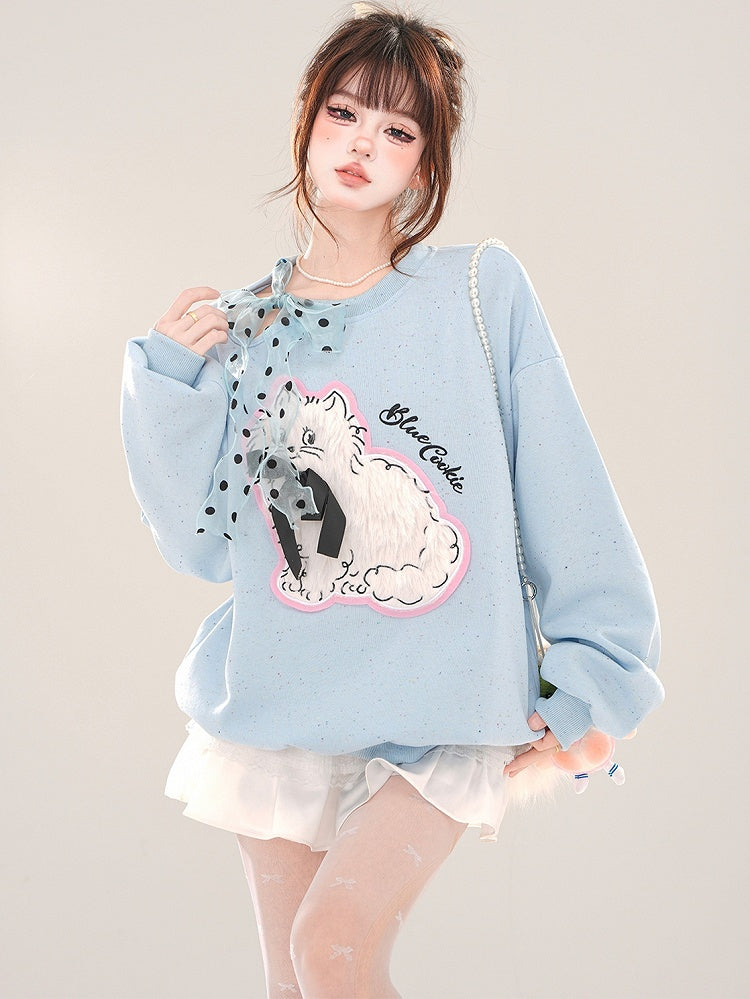 White/Blue Cute Kitty Applique Cutout Shoulder Sweatshirt Self-tie Ribbon