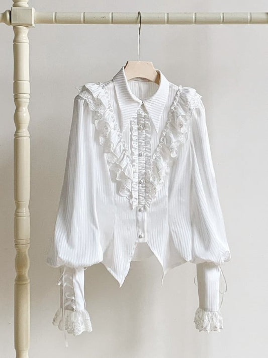 Lolita Long Pointed Collar Shirt White Sleeves Foldover Gothic