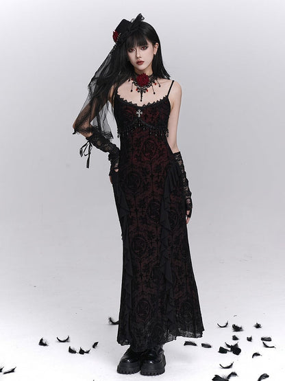 Kleid Cross Halloween Slip Schwarz mit Fransen Stickerei Meerjungfrau Detail Gothic