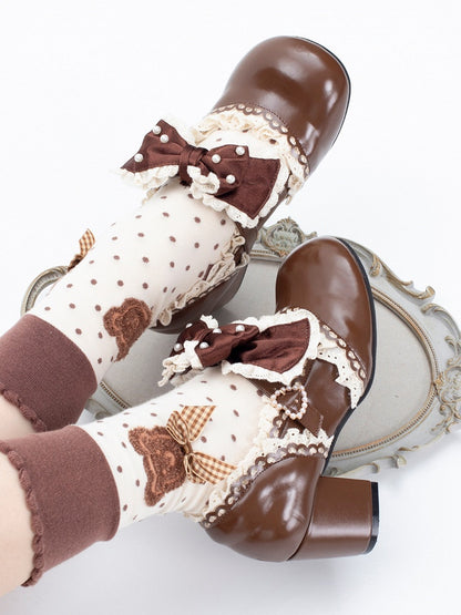 Brown Beaded Lolita Leather in Bow Trim Mid-heel Janes Heart Lace with Beads Mary Buckle Decorated PU