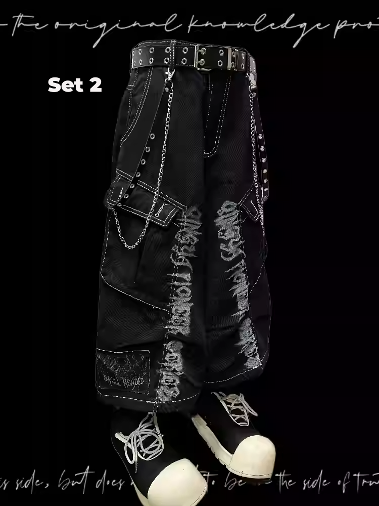 Jeans Black Punk Print Vintage Wide-Leg Cargo