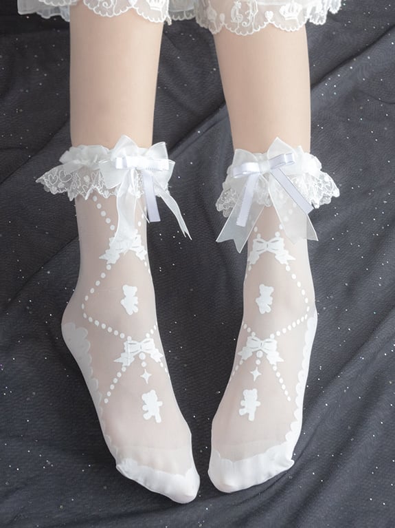 Black White  Bunny Bear Print Sweet Lolita Socks