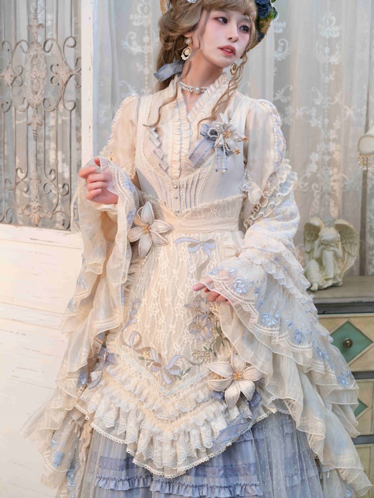 ブルー/パープル/グレーのビーズディテールのユリのブローチ