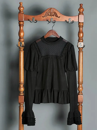 Black Juliette Sleeves Flounce Hemline Long Sleeves Top