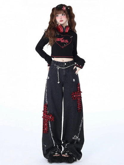 Wide Leg Punk Crosses Distressed Black Holes Plaid Jeans Red