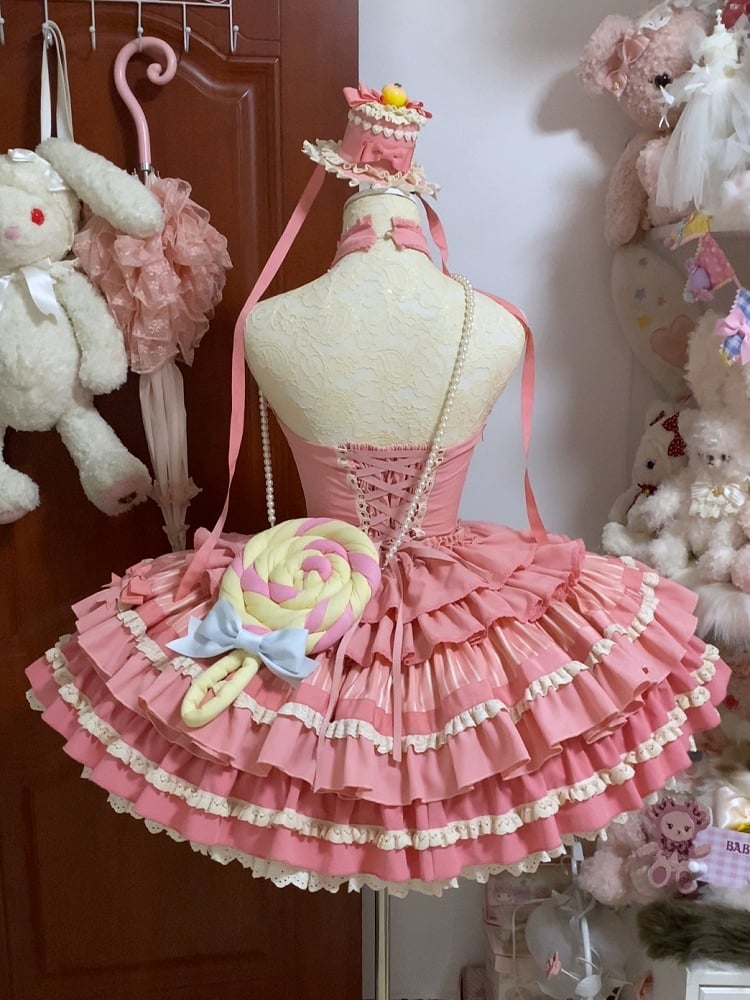 Sweet Bow Dress Ruffle Accents Lolita Pink Tiered Halter Rose Neck Skirt Idol