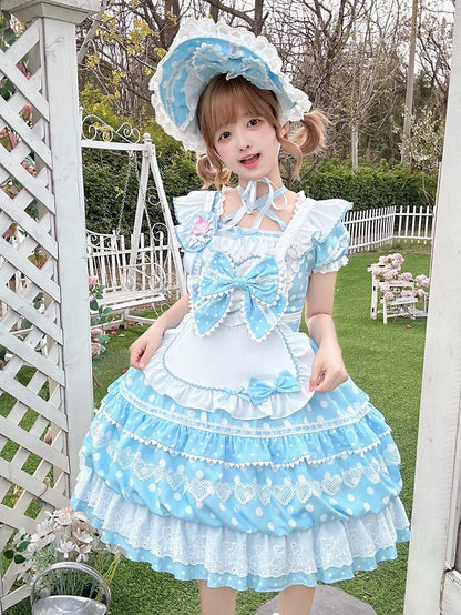 with Sleeves Apron Square Blue Polka Short Dress Lolita White Neckline Dots