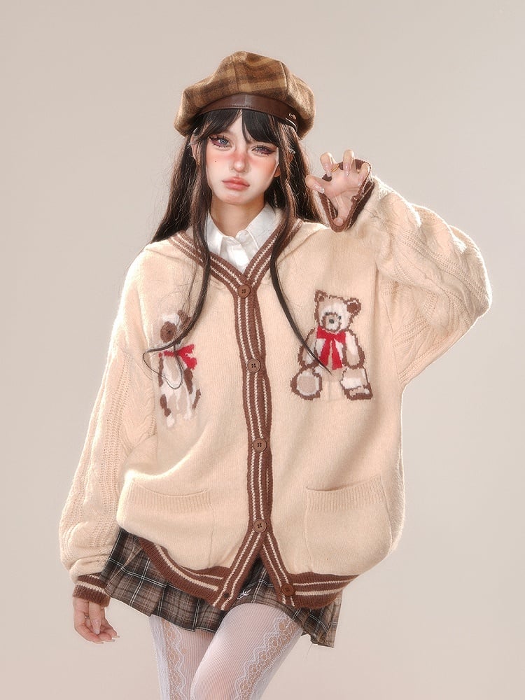 Khaki Apricot Cute Bear Pattern Hooded Cardigan