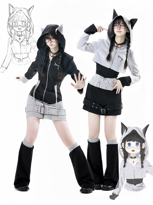 Kurze Jacke mit grauem Reißverschluss und Kapuze im Wolfsohren-Design