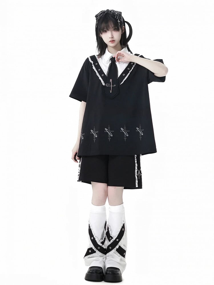 Lace Black Elastic Waist Contrast Shorts Trim Cross Charms